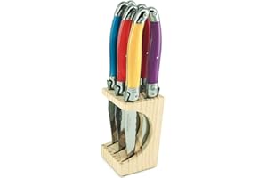 Laguiole Production - Bloc 6 couteaux à steak - Avec bloc de rangement bois - Acier inoxydable - Manche ergonomique - Set couteau de table manches design - Multicolores