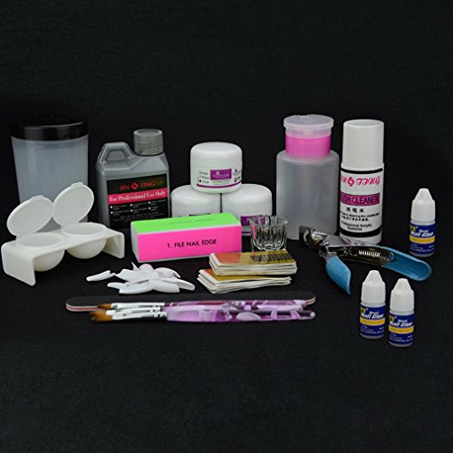 Elite99 Professional High Quality Salon Tool Nail Art Design DIY Set - Clear & White & Pink Crystal Powder, Acrylic Liquid, Acrylic Liquid Powder Gel Double Dappen Dish, Acrylic Brush Pens, Immersion Brush Holder Cleaner Bottle, Brush Cleaner, Nail Glue, White French Nail Tips, Extension Form Stickers, 4-way Buffer Block, Black Sanding File, Nail Art Empty Pump Dispenser, Nail Edge Cutter