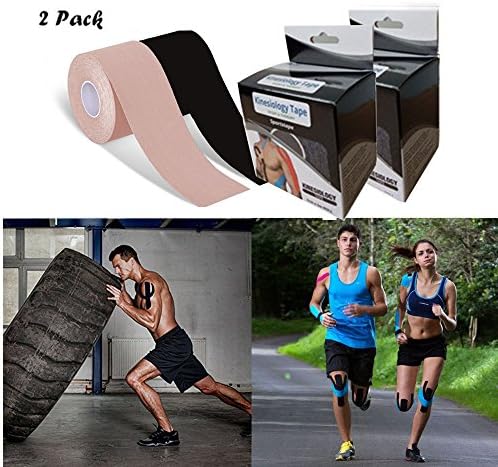 Kinesiology Tap（ Two Pack ) Waterproof- Pain Relief Adhesive - Best Sports Support Tape - Best Physio Tape for Injury Knee Feet Muscle Strains Neck Shoulder Ankle- 5cm x 5m roll - Highest Durability - UP TO 8 DAYS WEAR