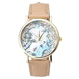 JSDDE Unisex Uhren Retro Weltkarte Arktischer-Ozean-Karte Armbanduhr Lederarmband Analoge Quarzuhr,Beige