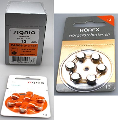 Siemens/Signia 13 Hearing Aid Batteries Pack of 60 + 12 Hörex Basic Test Batteries