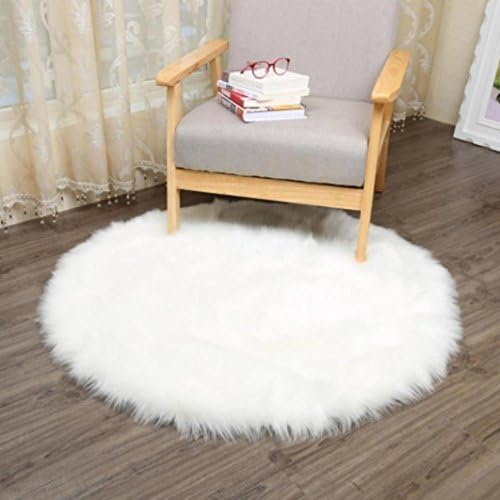 Round Faux Fur Sheepskin Style Rug,Hukz Solid Chair Cover Seat Pad Soft Warm Fluffy Carpet For Bedroom Sofa Floor (White)