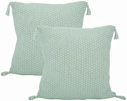 PLANDV® Knitted Series I Solid Color Thick Cotton Decorative Cushion Cover 45x45cm Pack of 2,Available In Different Colors(Light Green With Tassels)
