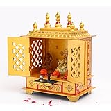 Handpainted Wooden Hand Painted Mandir with door, Golden Temple for Home