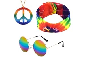 YEROZHUI Tenue hippie 3 pièces, lunettes de soleil pop, Bandana Batik, Pendentif Signe de Paix - Accessoires Mode pour Soirées à Thème - Unisexe, Taille Unique