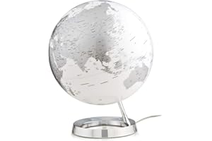 Tecnodidattica – Mappemonde Light&Colour Metal Chrome | lumineux, pivotant, avec cartographie Politique actualisée | Luminaire de design | Diamètre 30 cm | Textes en anglais