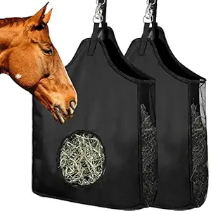 2 Pieces Horse Hay Bag Large Feeding Hay Bag 600D Nylon Horse Hay Tote Bag Horse Feeder Sack Storage Bag with Metal Rings for Horse Sheep Cow Goats (Black, Solid Pattern)