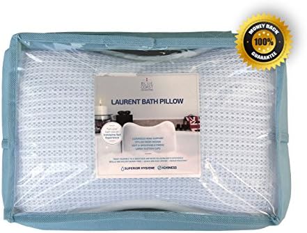 Laurent Premium Bath Pillow by Blue Coast Collection. Superior comfort Head &amp; Neck support pillow with large suction cups. Non-slip and with Mesh technology for quick and easy drying. Easy to Clean and Odour Resistant. Complete with Konjac Sponge