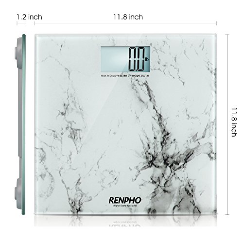 RENPHO® Personenwaage aus gehärtetem Sicherheitsglas (6mm), 30x30x3cm, 180kg/0,1kg , weißes Marmormuster, beleuchtetes LCD-Display, Inkl. Batterien - 2