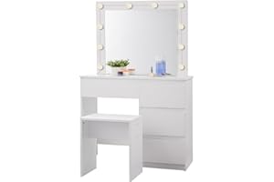 EUGAD Tocador de Maquillaje con Luz y Espejo, Mesa Maquillaje con Taburete, Mesa Tocador con 4 Cajones, 10 Bombillas LED, 90x40x140 cm, Blanco, 0029SZT