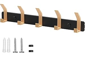 Benxdara Coat Hooks Wall Mounted, Rustproof Coat Rack Wall Hanger with 5 Hooks, Coat Hanger Hooks Wall Clothes Hooks for Kitchen, Bedroom and Entryway, Black + Gold