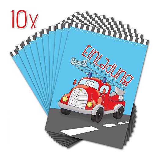 10 EINLADUNGSKARTEN zum Kindergeburtstag FEUERWEHR / FEUERWEHRAUTO Einladung Karte