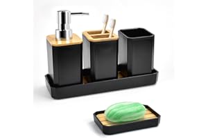 ADERTOS Juego Accesorios Baño Bambu 5 PCS Juego Jabonera y Bote Cepillos de Dientes Jabonera Lavabo Negro Dispensador Jabón Baño y Cocina para Jabonera Taza de Cepillo de Dientes Dispensador de Jabón