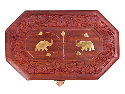 Store Indya, Konigliche handgeschnitzte Holz Schmuckschatulle mit dekorativen Mughal Inspired Elephant & Blatt Messingeinlage - 5