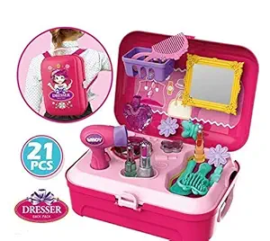 Storio 21 Pcs Backpack Style Little Girls Play Makeup Set - Pretend Salon Beauty Makeup Kit for Toddlers Kids Vanity Case Dress Up Toys Travel Playset