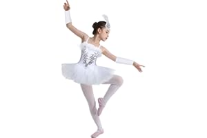 TiaoBug Enfant Fille Robe Danse Ballet Paillettes Justaucorps Gymnastique Danse Classique Tutu Robe Princesse Patinage Gants et Pince de Cheveux Costume Carnaval