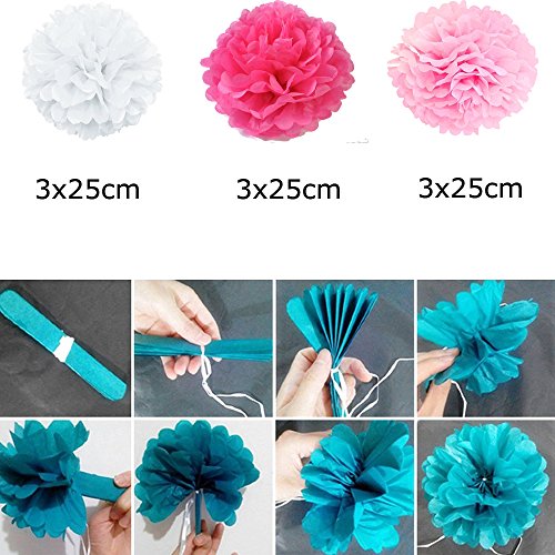 Daily Mall Mixed DIY Papier Blumen Papier Pompom 9er 25cm Mixed DIY Papier Blumen PomPoms Zum Aufhängen Seidenpapier schöne Dekor für Geburtstag Hochzeitsfest Basteln Babyshower Dekoration Feier Party Baby-Duschen Brautduschen Wohnungdeko (Weiß-Pink-Rosa Rose) - 5