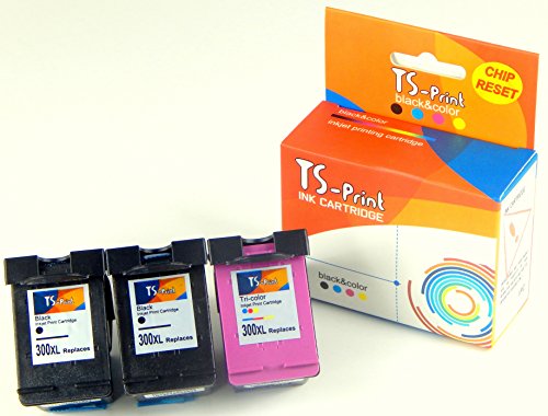 TS-Print® Tintenpatronen kompatibel zu HP 300XL bk + 300XL c / 3er Set / 2x ~600 Seiten (gesamt ~1200 S.) schwarz black und 1x ~500 Seiten farbig color mit Füllstandanzeige