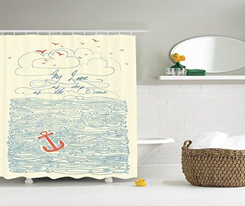 Quotes Shower Curtain by Minsoku, My Love As Deep As the Ocean Waves Nautical Anchor Home Decor Bathroom Bath Design Art Prints Love Quotes Polyester Fabric Shower Curtain Cream Navy Masturd