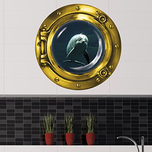 Wandkings Wandsticker Bullauge „Unterwasserwelt – Delfin im dunklen Ozean“ – 40 x 40 cm GOLD - 3