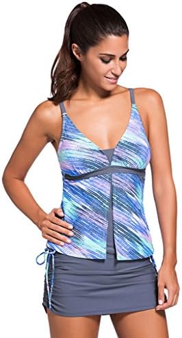 Choose Women's Two Piece V Neck Colorblock Tankini Pantskirt Swimsuit (3XL, Blue)