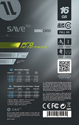 Savetec Speicherkarte 16 GB SDHC UHS-1 Ultra bis zu 18MB/s Class 10 für für Notebook PC Video Camcorder Chip Hersteller Samsung - 3