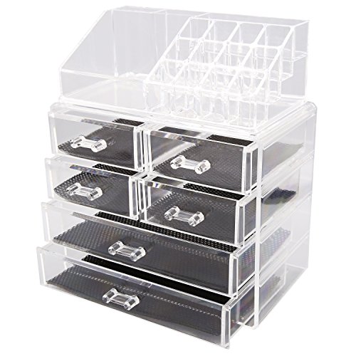 TRESKO® Acryl Organizer für Make-up, Kosmetik, Schmuck, Schminke, Accessoires, Aufbewahrungsbox mit Schubladen, Organisator für Lippenstift, Lipgloss, Nagellack, Make up- und Augenbrauenpinsel, Rouge, Halskette, Ringe und vieles mehr (6 Schubladen - JWYOGR-001)