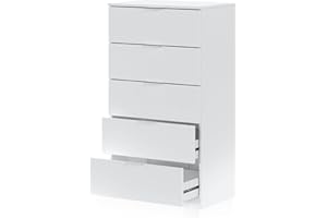 duehome | Comoda de 5 Cajones para Dormitorio, Modelo Akari, Acabado en Blanco Artik, Medidas: 60 cm (Largo) x 110 cm (Alto) x 40 cm (Fondo)