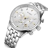 BUREI Chronograph Herren Uhren Schwarz Quarz Handgelenk Uhren mit Multifunktions Analog Zifferblatt und Edelstahl-Armband (Weiß3)