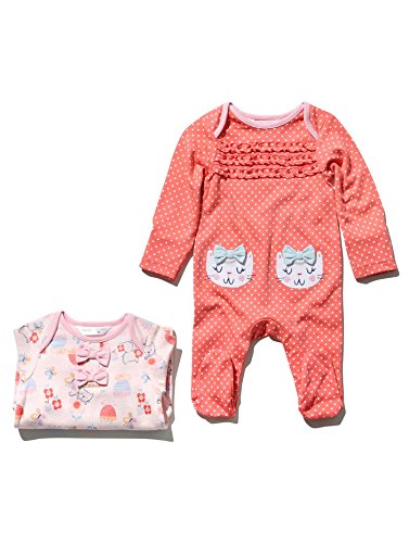 M&Co Baby Girls Long Sleeve Flower Cat And Spot Print Frill And Bow Detail Cotton Sleepsuits - 2 Pack Coral 0/3 Mnths
