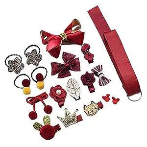 Kashishs Fancy Head wear Accessories For Baby Girls Hair Clip Princess Hair Clip Cute Cartoon Clip, Headband, Schoolgirl, Baby Girl Toddler Set Gift Box Set of 18 Pieces (Red)