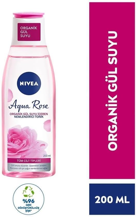 NIVEA Aqua Rose Organik Gül Suyu İçeren Nemlendirici Tonik (200 ml), Tüm Cilt Tipleri İçin, Gözenek Arındırıcı, 24 Saat Yüz Nemlendirici