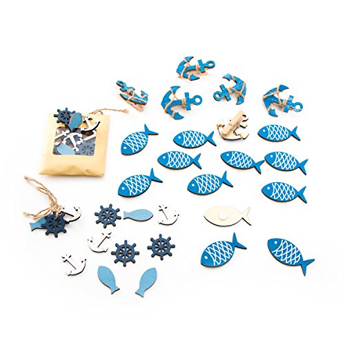 42-teiliges Set Streudeko maritim mit Fischen, Anker, Steuerrad aus Holz (12 Fische m. Klebepunkt, 24 mini Deko mit ca. 2,5 cm) + 6 Anker Holzklammern