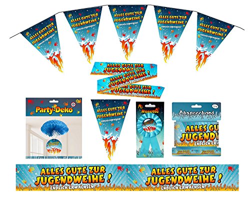 FesteFeiern® Dekoration Party Set „Alles Gute zur Jugendweihe“ – Endlich Erwachsen! Deckenhänger, Wimpelkette, Absperrband, Anstecker - Rosette | 4 Teile Party-Deko