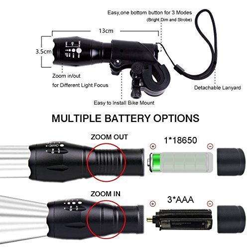 Jasonwell Hellsten wiederaufladbaren Zoomable einstellbarer Fokus 1200 Lumen Cree LED T6 Fahrradbeleuchtung Frontlicht Aluminium IPX6 wasserdicht Mountainbike leichte Handheld Taschenlampe mit Rücklicht, 18650 Lithium-Ionen-Akku und Ladegerät - 3
