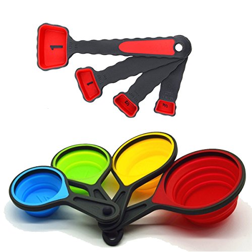 Faltbare Silikon-Messbecher und Löffel 8 Stück Set Messgerät mit Gravur Metrisch/Amerikanisch für messen ohne waage, platzsparend, bunt - 2