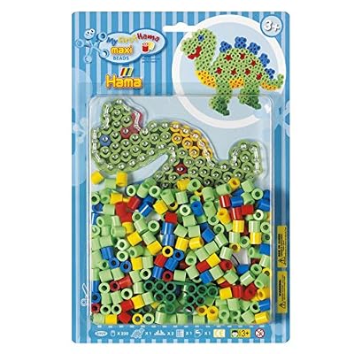 Hama - 8909 - Loisirs Créatifs - Blister 250 Perles à Repasser + 1 Plaque - Taille Maxi - Dinosaure
