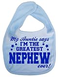 IiE, Auntie says Greatest Nephew ever, Boy Girl Unisex Feeding Bib, Pale Blue