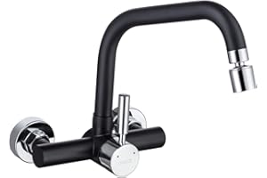 ONECE Czarna bateria kuchenna ścienna 2 strumienie wody, bateria kuchenna ze stali nierdzewnej 304, kran kuchenny z obrotową wylewką, czarny mieszacz, wpuszczany, pojedynczy pilot obrotowy 360°