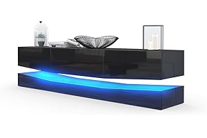 Vladon Mueble TV City, Cómoda TV con Elemento Inferior, 1 Compartimento Abierto y 3 Cajones, Negro de Alto Brillo/Negro de Alto Brillo, incluida iluminación LED (178 x variable x 39 cm)