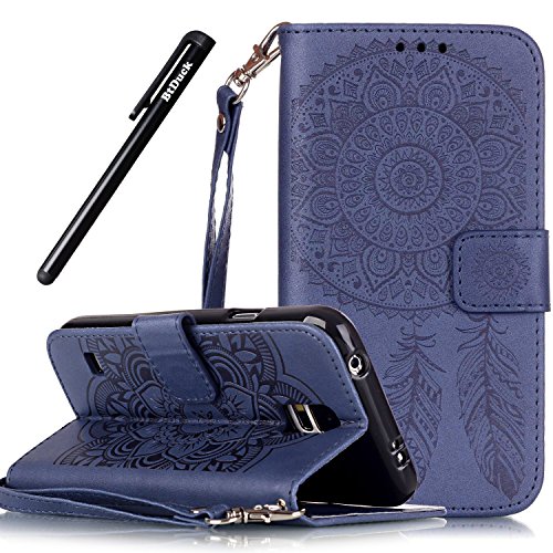 Samsung Galaxy S5 Wallet Case Blue,Galaxy S5 Neo Flip Cover Campanula,BtDuck Imprinted Bookstyle Portable Strap Leather Case with ID/Credit Card Slots Pouch,Vintage Flowers Patterned Slim-Fit PU Leather Protective Carrying Cases Wallets Purse Silicone Inner Shell Skin with Built-in Magnet Closure Full-body Protection Case for Samsung Galaxy S5 i9600 + Black Stylus Pen
