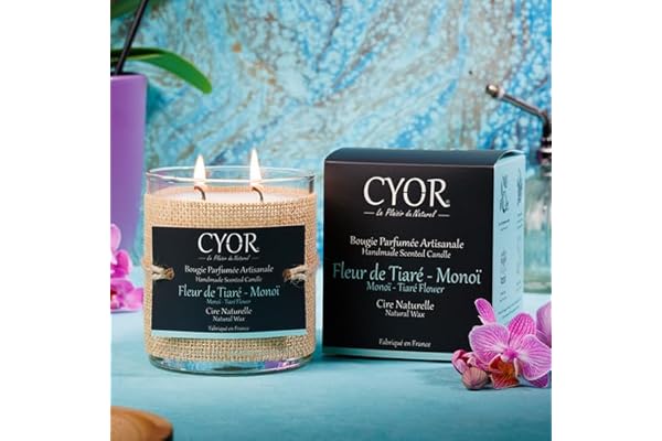 CYOR - Grande Bougie Parfumée FLEUR DE TIARE-MONOÏ 240g - 100% Cire Naturelle - ±70h de combustion - Parfum de Grasse - Fabriquée à la main en France