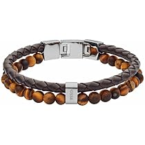Bracelet Homme Fossil Acier Inoxydable Et Cuir - Longueur Réglable 18-19.5 Cm, Fermoir Mousqueton