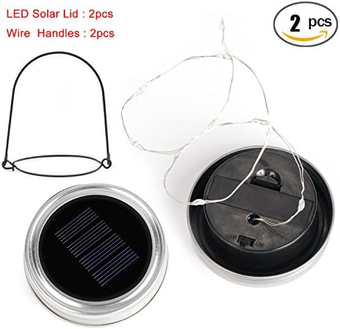 2 Pack Solar Mason Jars Lids, LED Solar Lights (2Handles&amp;AAA600mAH Battery Included)