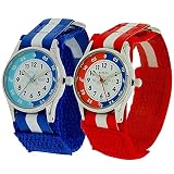 2 X Reflex Kinder Zeitlernuhr blaues & rotes Klett Stoffarmband + Uhr Lesen Urkunde