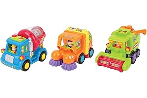 Think Gizmos Friction Toy 3 Vehicle Set For Toddlers - Push And Go Toys for Boys & Girls - Cement Mixer Truck/Street Sweeper/Harvester Truck