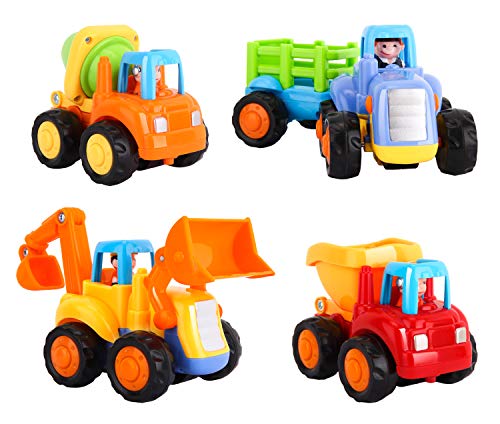 Zooawa Mini Auto Giocattoli, 4 Pezzi Spingi e Vai in Auto Giocattoli di Veicoli di Costruzione Camion per Bambini, Spingere Trattore, Bulldozer, Camion Betoniera, Dumper - Colorato