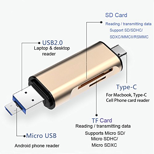 Neoteck USB Type C Kartenleser 3 in 1 Speicherkartenleser USB + Type C + Micro USB TF SD Kartenleser mit OTG für Macbook Windows Computer Google Tablet Android Handy – Gold - 4