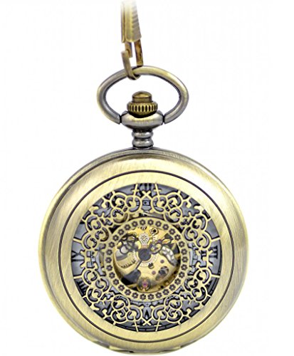 Unendlich U Retro Handaufzug Mechanische Taschenuhr Hohle Kleeblatt Skelett Kettenuhr Doppel Sprungdeckel Pullover Halskette Bronze