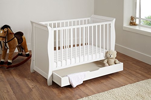 3 In One White Sleigh Cot With Drawer And Foam Mattress